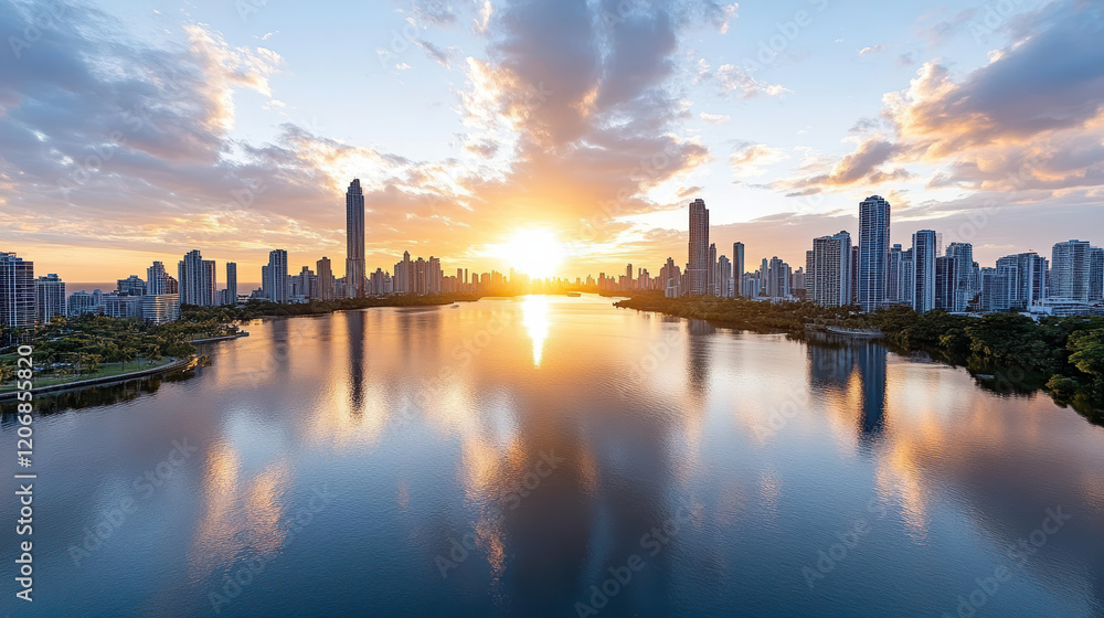 Fototapeta premium skyline city at dusk with reflections in calm lake, showcasing vibrant colors