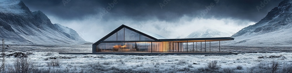 Ethereal Winter Landscape: Abstract 3D Rendering of Transparent Modern Architecture Amidst Snowy Mountains and Aurora. Stunning Geometric Design for Marketing Backgrounds, Posters, and Digital Wallpap Ethereal Winter Landscape: Abstract 3D Rendering of Transparent Modern Architecture Amidst Snowy Mountains and Aurora. Stunning Geometric Design for Marketing Backgrounds, Posters, and Digital Wallpap