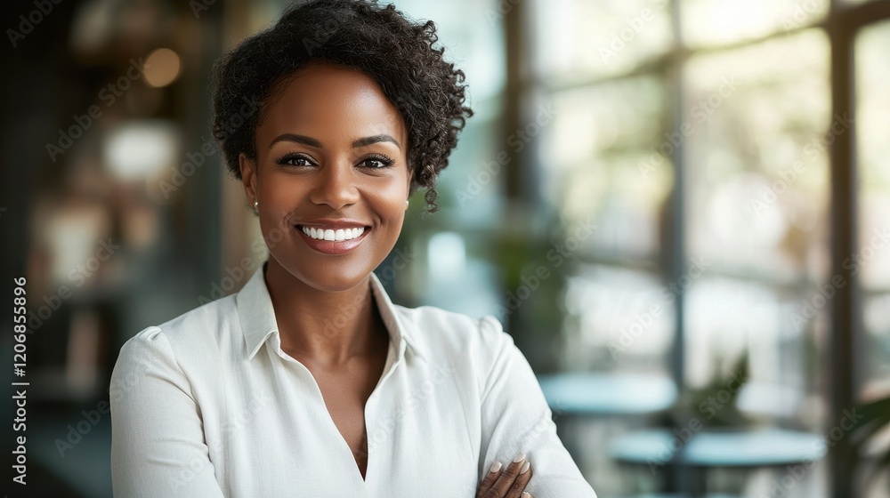 Smiling Woman with Curly Hair in Modern Office Setting