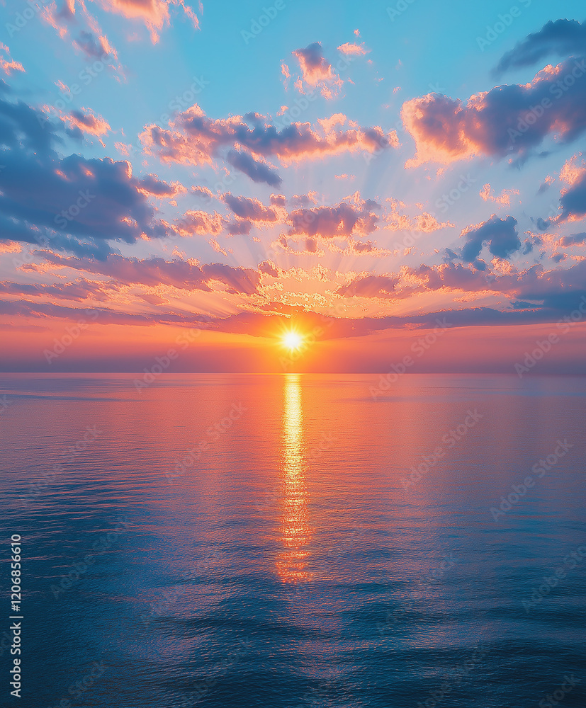 Fototapeta premium A breathtaking scene featuring a vibrant blue sky with white clouds and a golden sunset reflecting on the sea, captured in high-definition photography with rich colors and radiant golden light