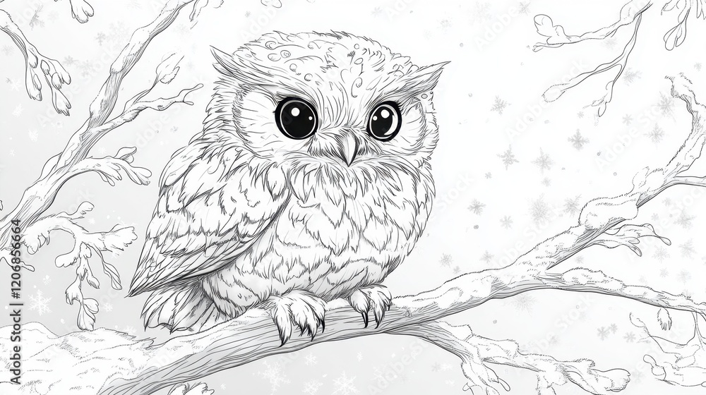 Fototapeta premium Whimsical snowy owl perched on a branch amidst a serene winter landscape perfect for coloring creativity