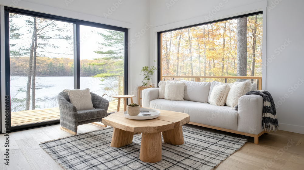 Cozy living room with view of lake and autumn trees outside Cozy living room with view of lake and autumn trees outside