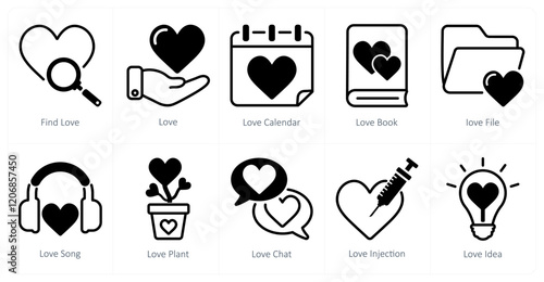 A set of 10 Valentine's Day icons as find love, love, love calendar