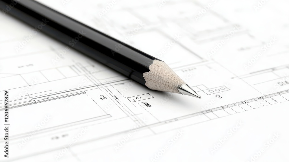 Closeup of pencil on blueprint, detailed plan for construction or design project Closeup of pencil on blueprint, detailed plan for construction or design project