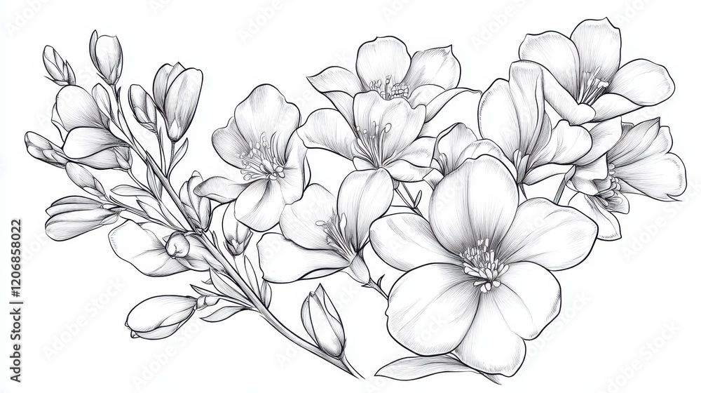 Fototapeta premium Delicate floral arrangement coloring page featuring intricate blossoms and buds for creative expression