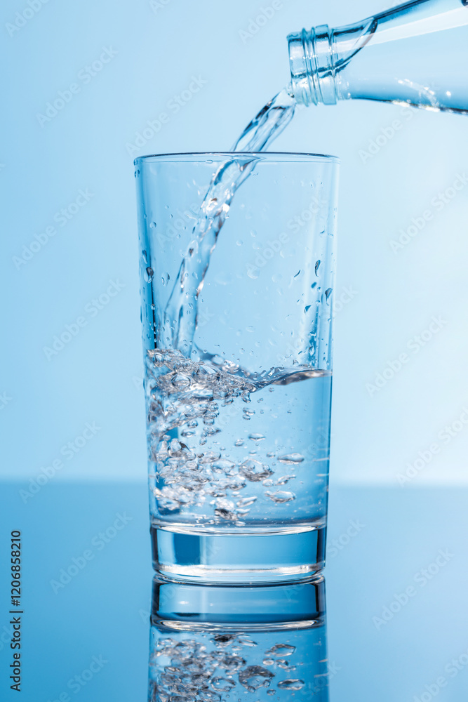 Crystal clear water being poured into a transparent glass, creating refreshing ripples and bubbles Crystal clear water being poured into a transparent glass, creating refreshing ripples and bubbles