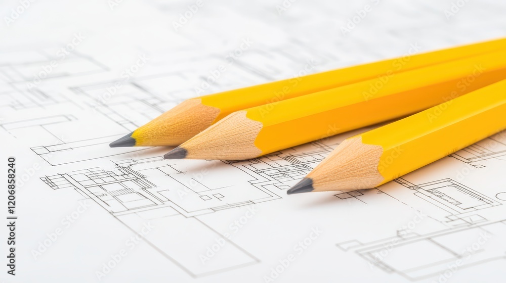 Precision in planning, pencils on a blueprint for architectural design and construction Precision in planning, pencils on a blueprint for architectural design and construction