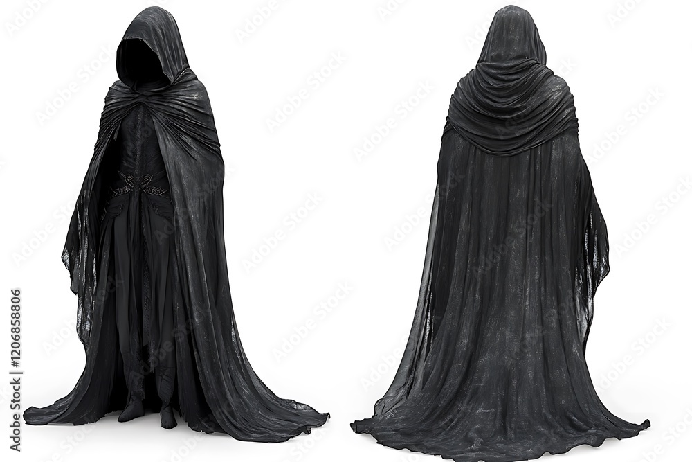 Full shot of a dark, hooded cloak, ideal for fantasy or Halloween. Full shot of a dark, hooded cloak, ideal for fantasy or Halloween.