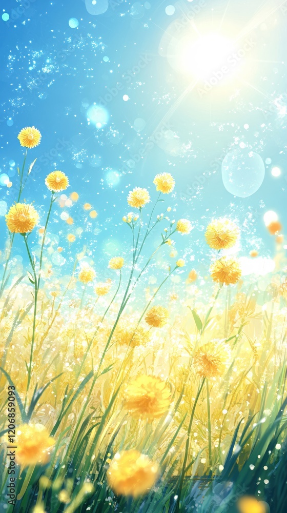 Fototapeta premium Sunny Meadow Bright Yellow Flowers Summer Day Dreamy Art