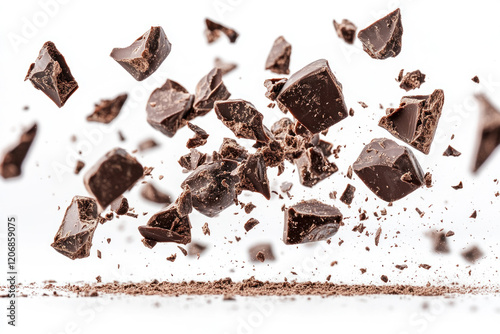 Pile of chocolate pieces on white background.