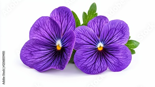Vibrant Purple Pansy Flowers with Green Leaves on White Background