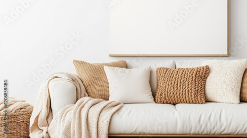 Cozy sofa with textured pillows and warm blanket in minimalist setting