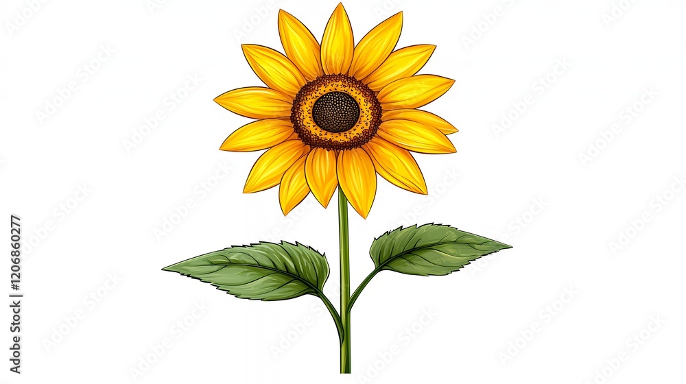 Fototapeta premium Vibrant Sunflower with Bright Yellow Petals and Green Leaves