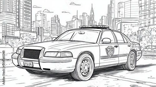 Coloring page featuring a classic police car parked on a city street against a skyline backdrop for an exciting artistic experience