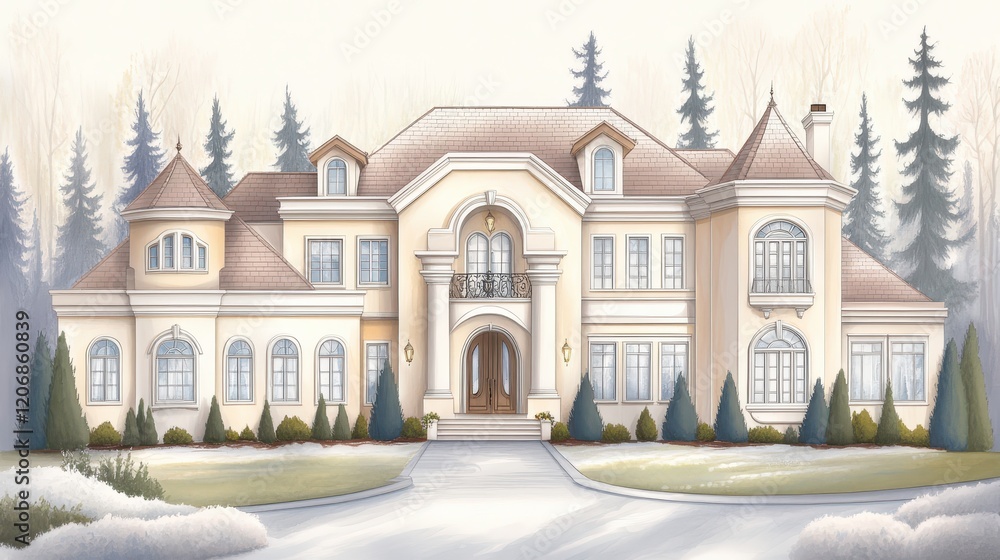 Fototapeta premium Elegant classic house, a luxurious home with spacious yard and exquisite architectural design