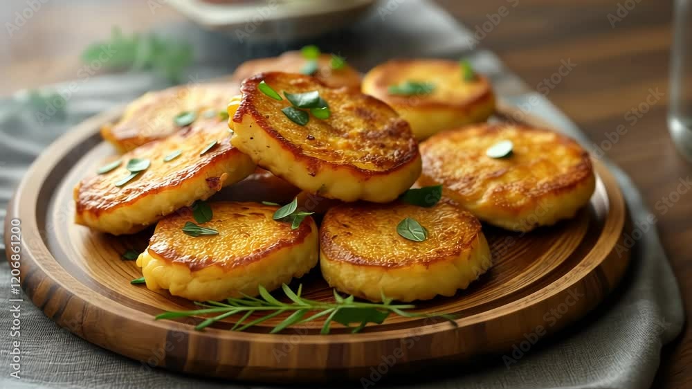Golden potato pancakes garnished with fresh herbs, served with creamy sauce on a rustic wooden plate for a hearty and flavorful meal. Golden potato pancakes garnished with fresh herbs, served with creamy sauce on a rustic wooden plate for a hearty and flavorful meal.