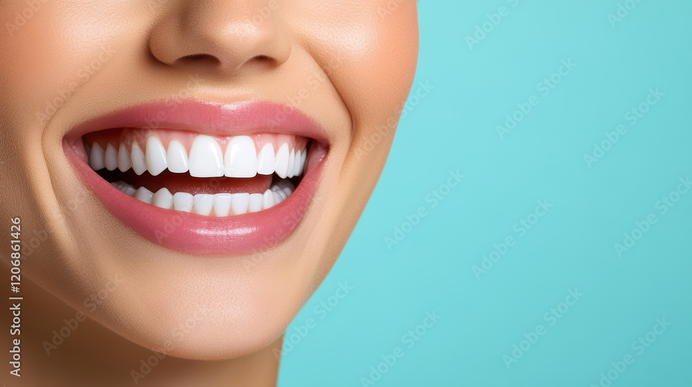 Obraz premium close up of healthy teeth with joyful smile against blue background