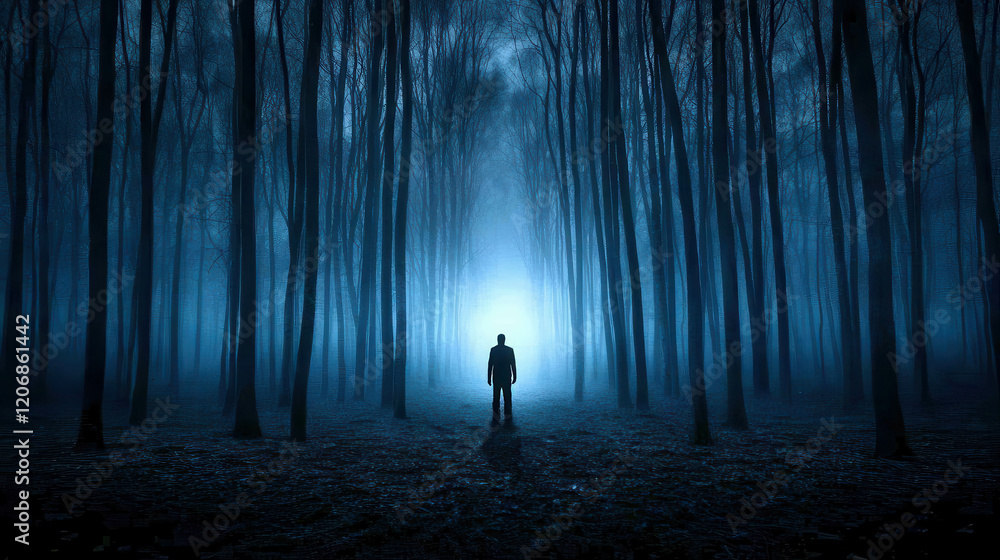 Lone Figure Stands in Dense Fog within Enigmatic Forest Landscape at Night Lone Figure Stands in Dense Fog within Enigmatic Forest Landscape at Night