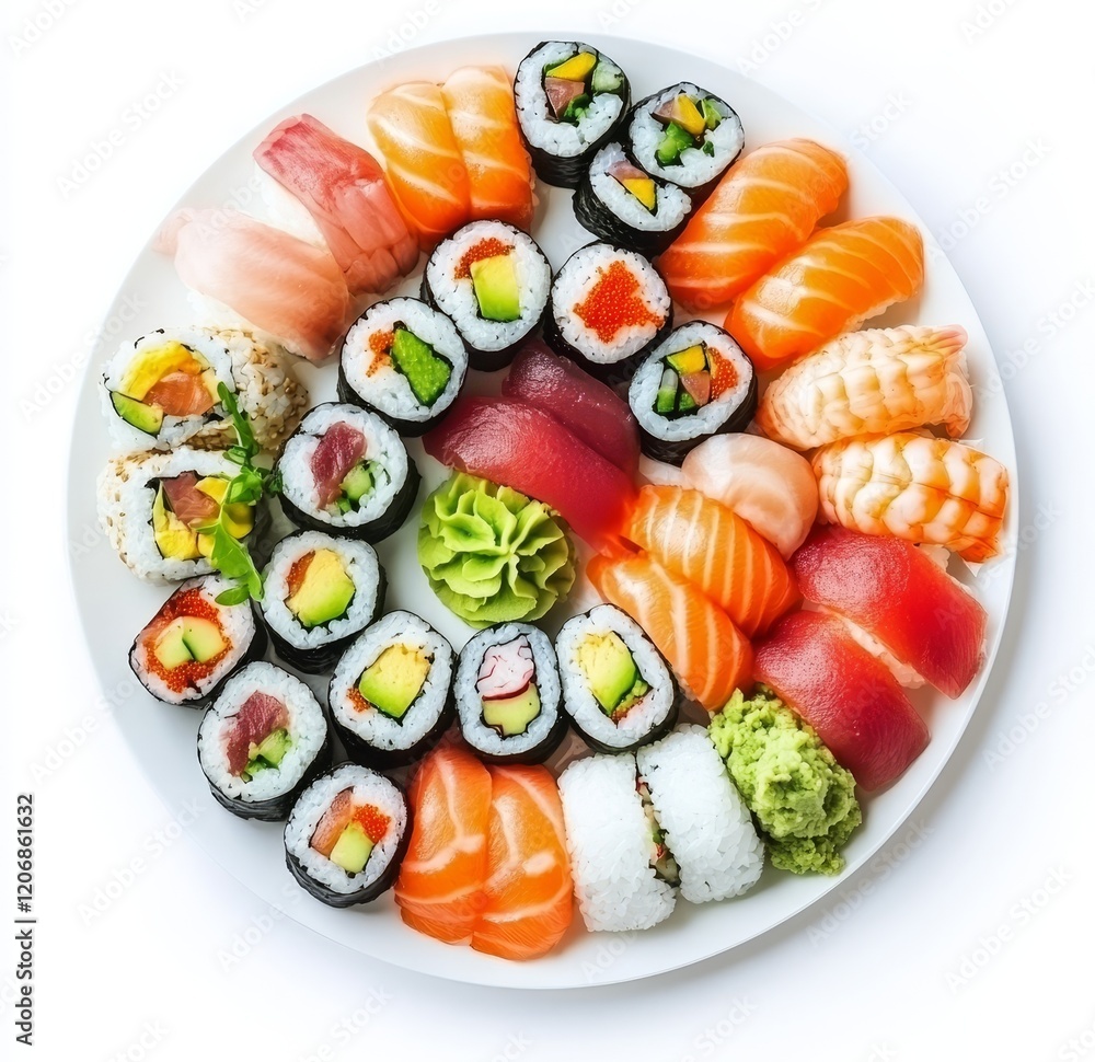 Assorted sushi platter with salmon, tuna, avocado, and other ingredients. Assorted sushi platter with salmon, tuna, avocado, and other ingredients.