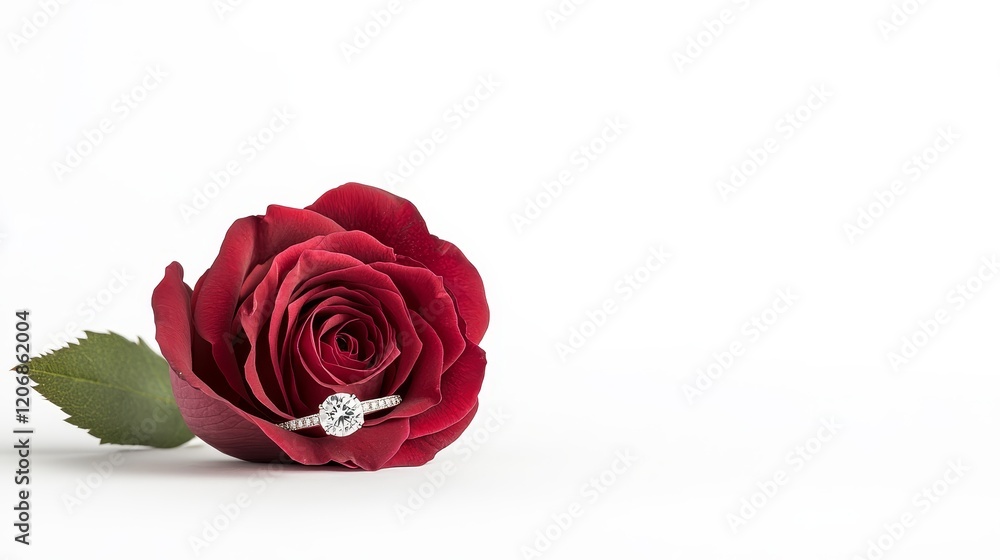 Elegant Red Rose with a Sparkling Diamond Ring Perfectly Placed on Its Petals, Symbolizing Love, Romance, and Commitment for Engagement or Anniversary Celebrations Elegant Red Rose with a Sparkling Diamond Ring Perfectly Placed on Its Petals, Symbolizing Love, Romance, and Commitment for Engagement or Anniversary Celebrations