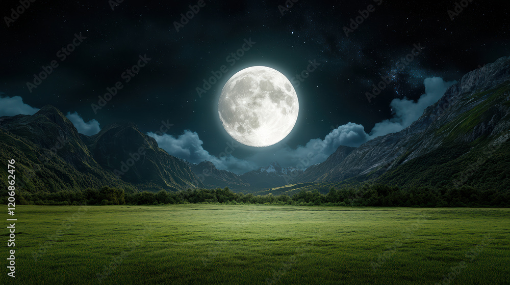 cosmic landscape featuring giant moon illuminating serene valley cosmic landscape featuring giant moon illuminating serene valley