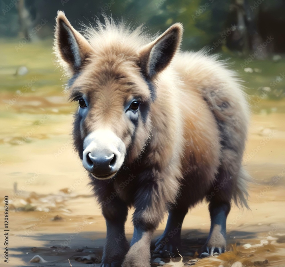 Fototapeta premium Illustration of cute animal, fluffy donkey.