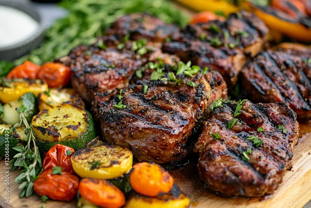 Grilled steaks and assorted grilled vegetables on a wooden board. Grilled steaks and assorted grilled vegetables on a wooden board.