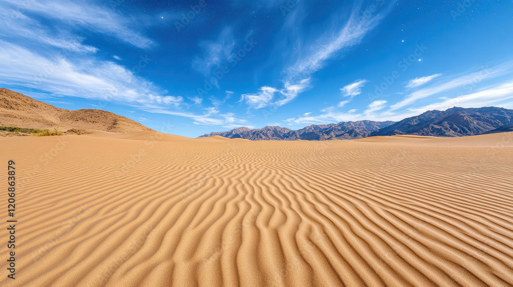 Naklejka premium Breathtaking sand dunes under clear blue sky with distant mountains