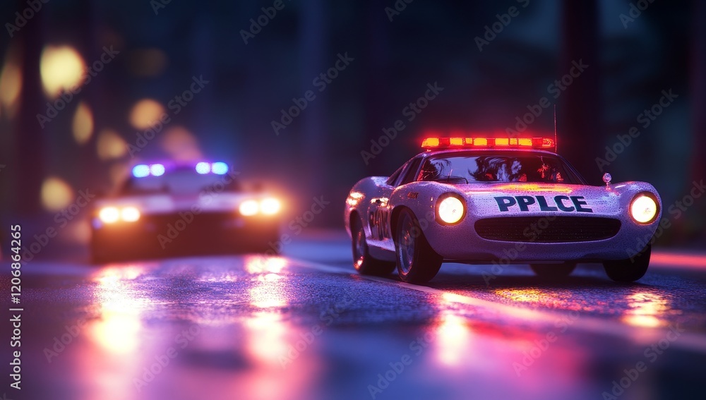 Fototapeta premium Night police chase, classic car, rain, lights.