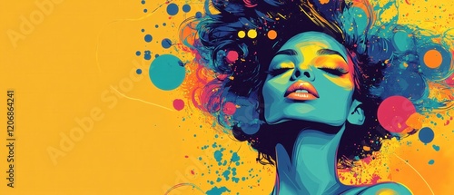 Vibrant Woman Abstract Art Colorful Portrait Yellow Background