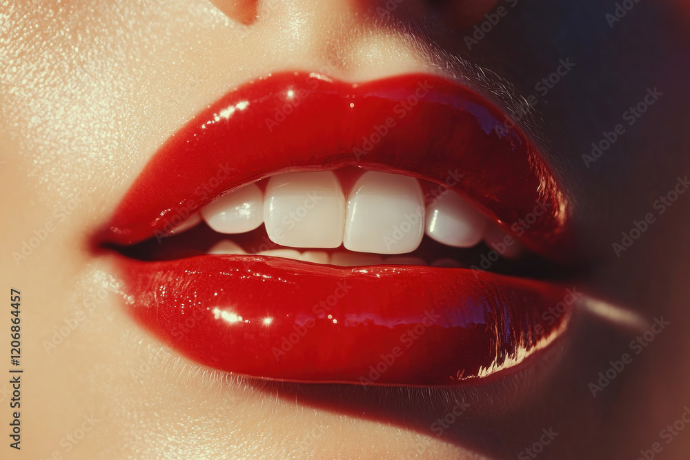 Obraz premium Woman's lips with vibrant red lipstick, showcasing a bold and alluring color choice.