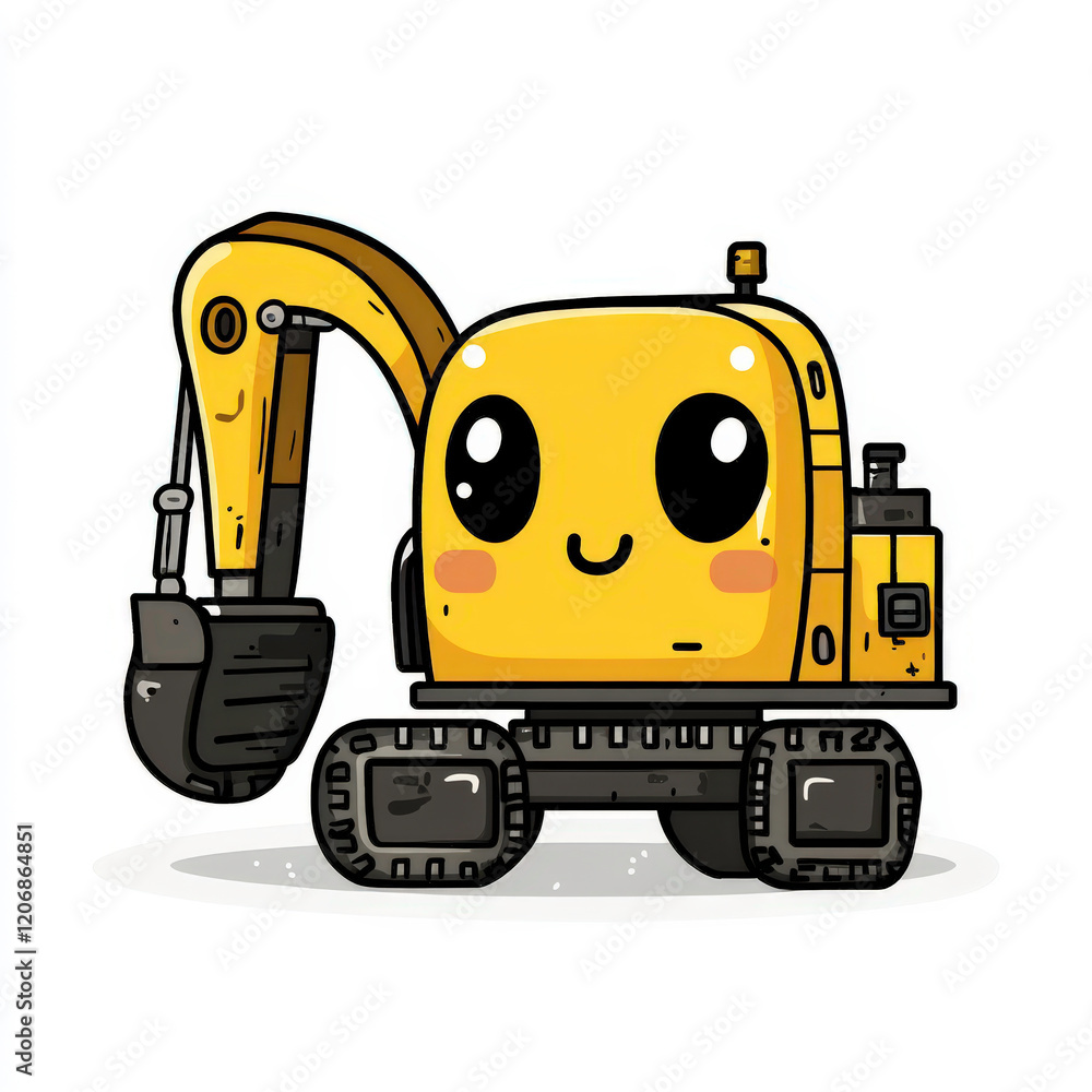 Fototapeta premium Cute cartoon excavator character with a happy face and bright yellow color, ideal for construction-themed children's media or playful industrial illustrations.