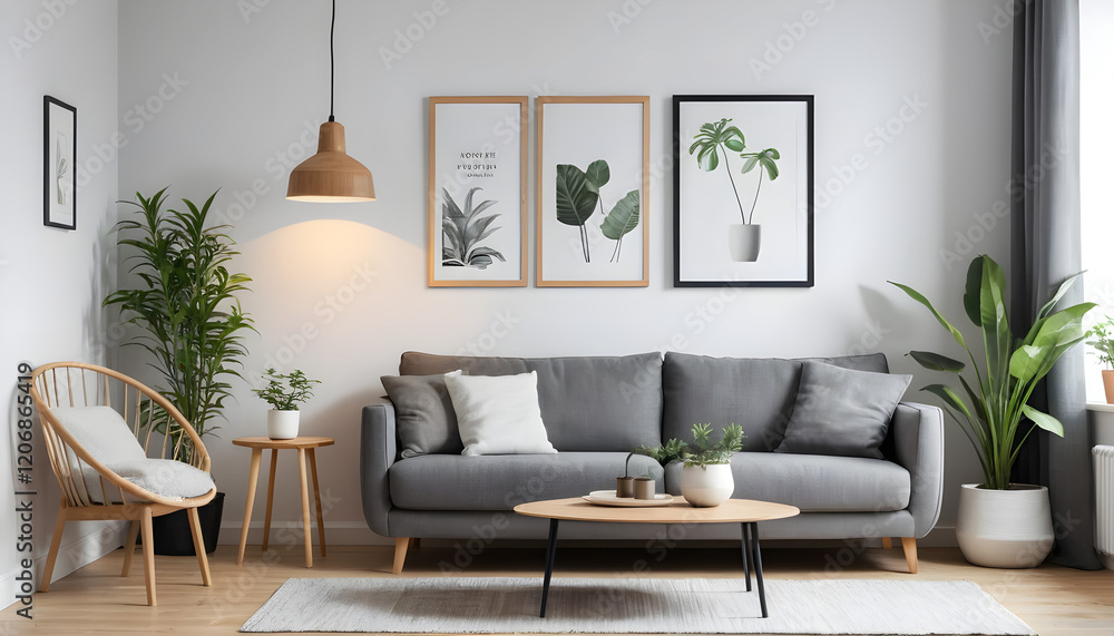 Fototapeta premium ai of living room grey sofa design and photos frame on wall and wooden floor and wooden table