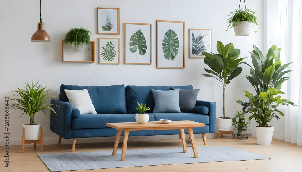 Fototapeta premium ai of living room blue sofa design and photos frame on wall and wooden floor and wooden table