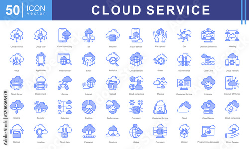 Cloud Services icon collection set. Containing servers, data, storage, security, and networking. Ideal for tech companies, startups, and digital applications.