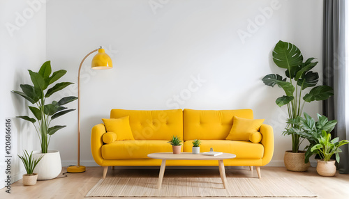 AI image of living room yellow sofa and wooden table and houseplant with white wall and wooden floor