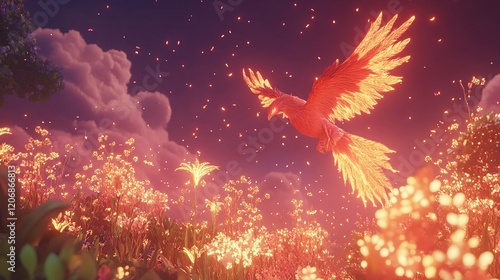 Fiery phoenix bird soaring over glowing meadow at dusk. photo