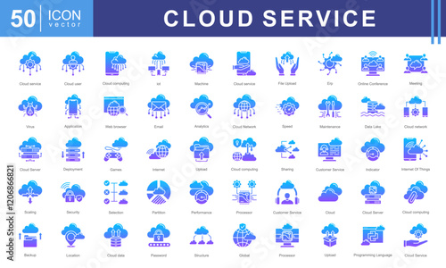 Cloud Services icon collection set. Containing servers, data, storage, security, and networking. Ideal for tech companies, startups, and digital applications.