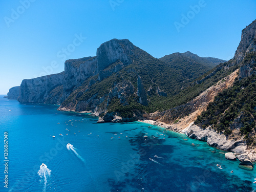 Stunning Aerial View of Cala Goloritzé, Sardinia – Mediterranean Paradise with Boats and Turquoise Waters