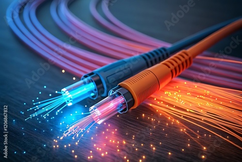 Close up high speed data transfer optical fiber cable with vibrant glowing background. 