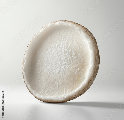 Close-up of a single, halved mushroom, showcasing its texture and color.