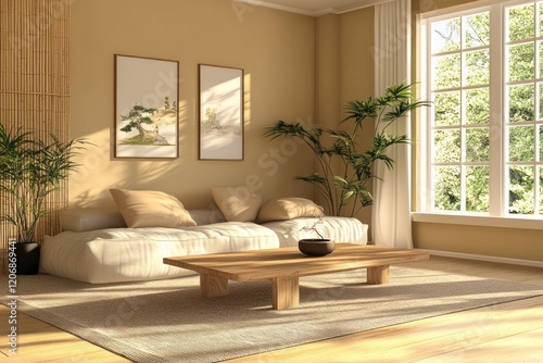 Serene Minimalist Living Room with Natural Light and Bamboo Accents