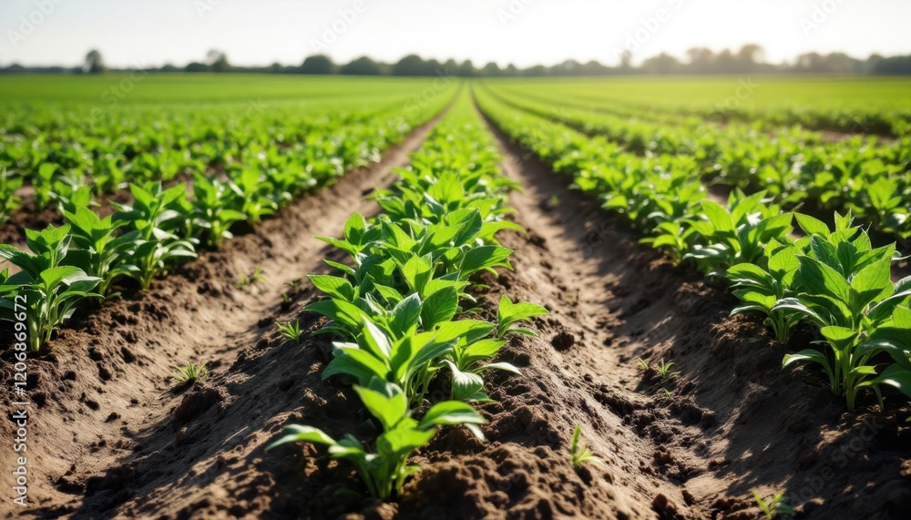 Lush green crops growing under sunlight in fertile agricultural field Lush green crops growing under sunlight in fertile agricultural field