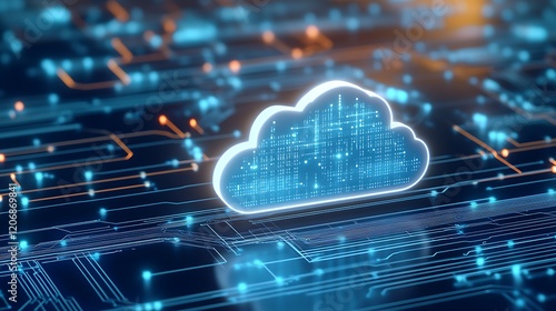 Abstract Digital Cloud Icon Surrounded by Circuitry Illustrating Technology and Data Storage Concepts