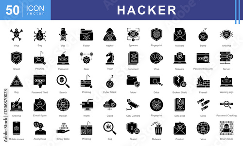 Hacker icon collection set. Containing computers, code, cybersecurity, software, hacker activity,  worm virus, hacking, phishing, encryption. Perfect for tech projects, security apps, digital fiction.