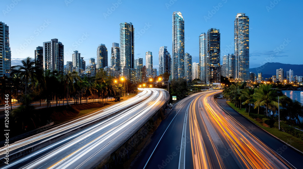 vibrant skyline at dusk with busy highway illuminated by lights vibrant skyline at dusk with busy highway illuminated by lights