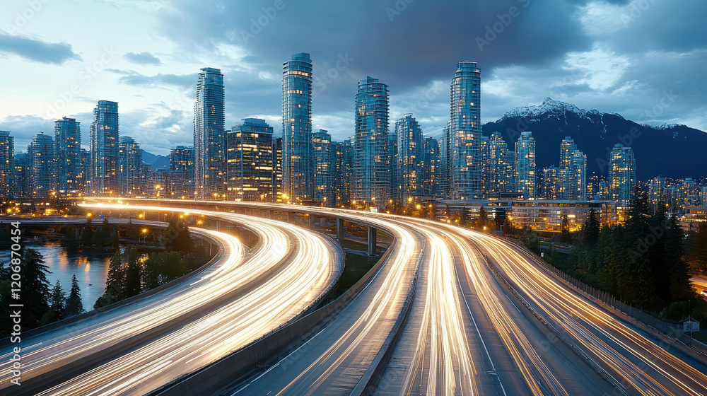 Fototapeta premium City skyline at dusk with busy highway illuminated by lights