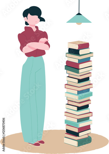 山積みの本と腕組みする女性