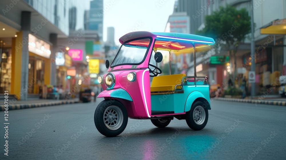 Obraz premium Colorful Electric Rickshaw Parked on Urban Street with Neon Lights, Showcasing Modern Transportation and Vibrant City Atmosphere During Daytime