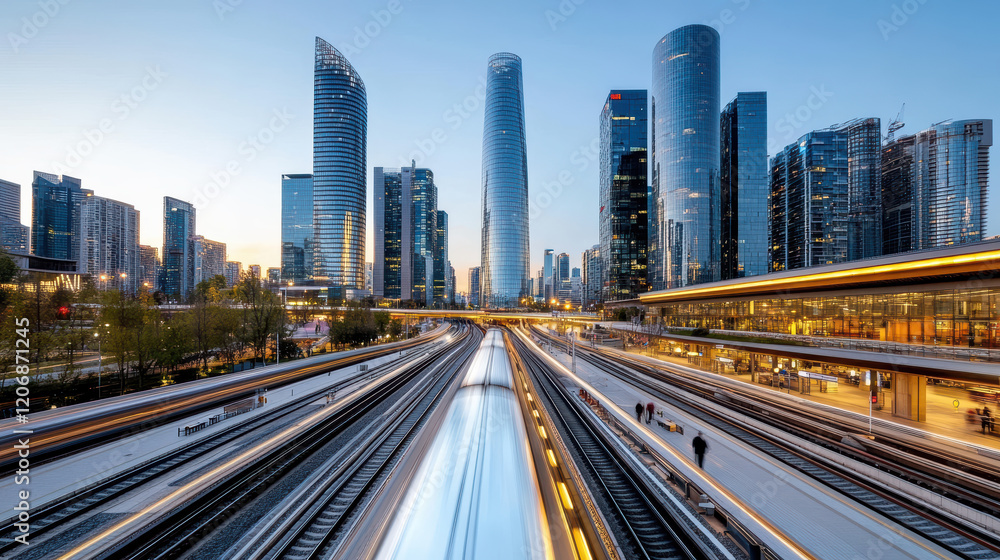 stunning skyline at dusk with bustling train tracks and modern buildings stunning skyline at dusk with bustling train tracks and modern buildings